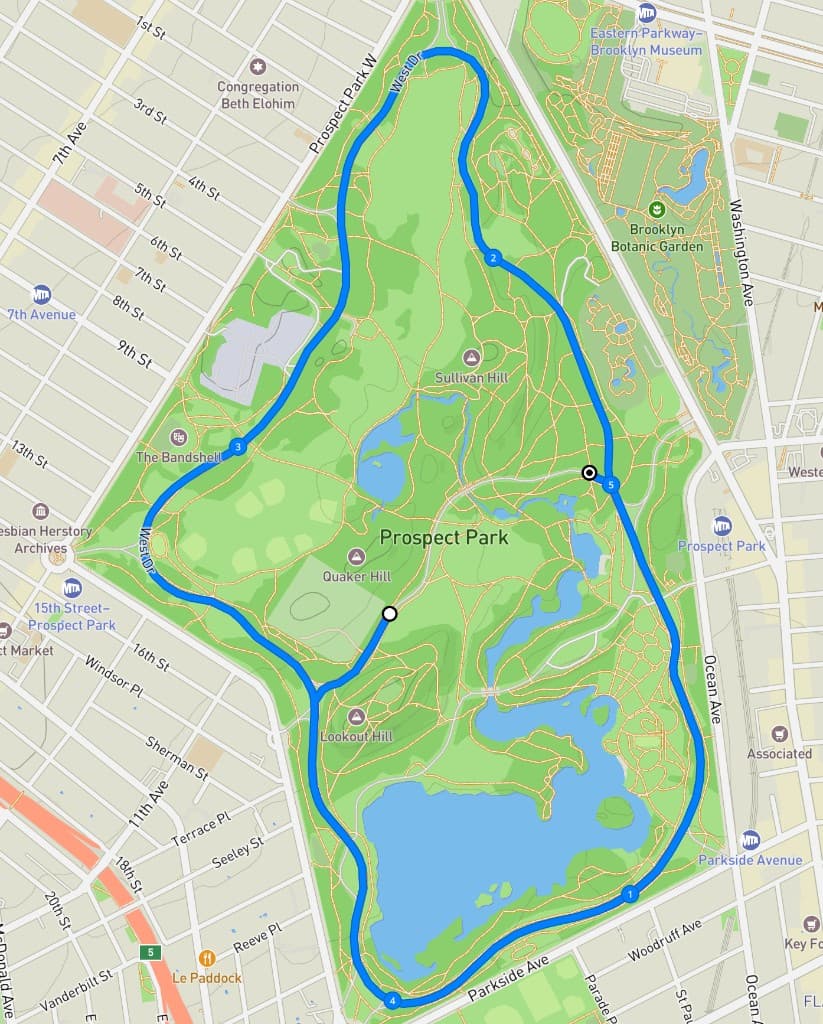Blue Moon 5 Miler course map — 5.02 miles around Prospect Park