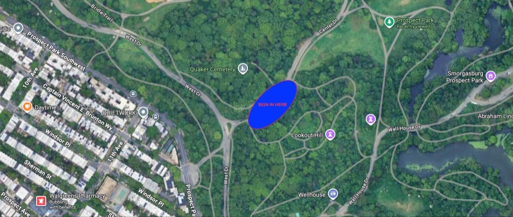 Sign-in location on the western side of Center Drive in Prospect Park, marked with a blue oval